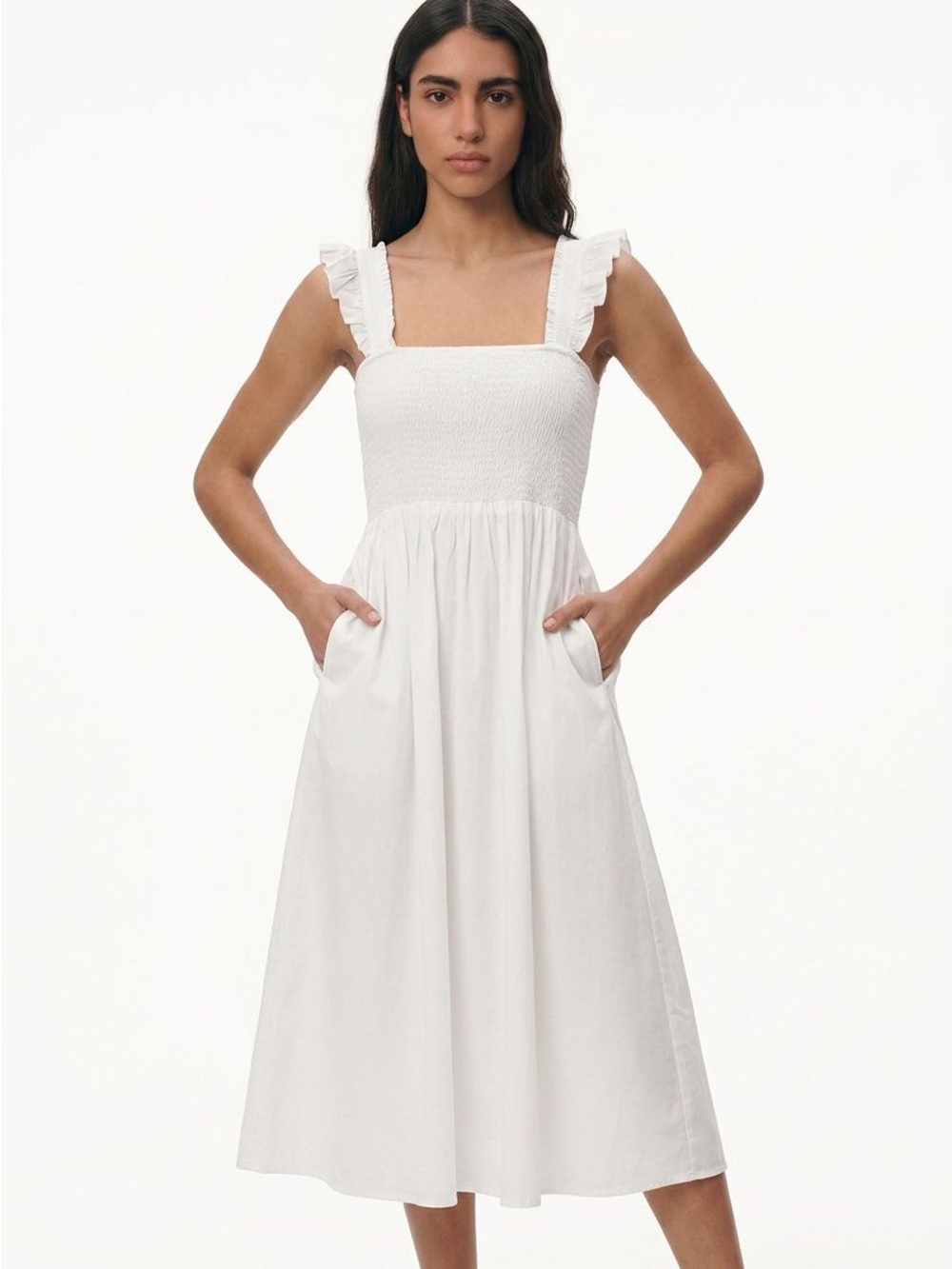 Classic White Ruffled Strap Midi Dress - Picture 2 of 5